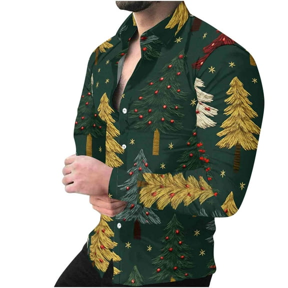 CLOISE Mens Long Sleeve Button down Shirts Big and Tall Collared Tops Christmas Tree Long Sleeve Pullover Clothes