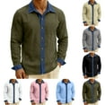 thumbnail image 1 of CLOISE Mens Long Sleeve Button down Shirts Denim Patchwork Big and Tall Blouses Cotton Linen Collared Pullover Tops Casual Work Clothes, 1 of 6