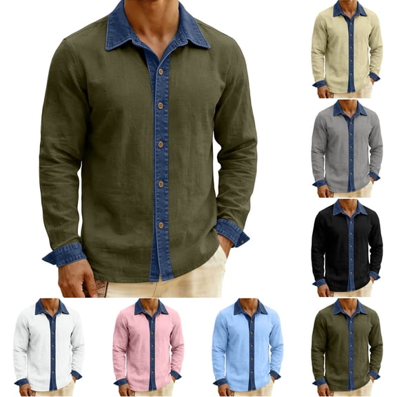 CLOISE Mens Long Sleeve Button down Shirts Denim Patchwork Big and Tall Blouses Cotton Linen Collared Pullover Tops Casual Work Clothes
