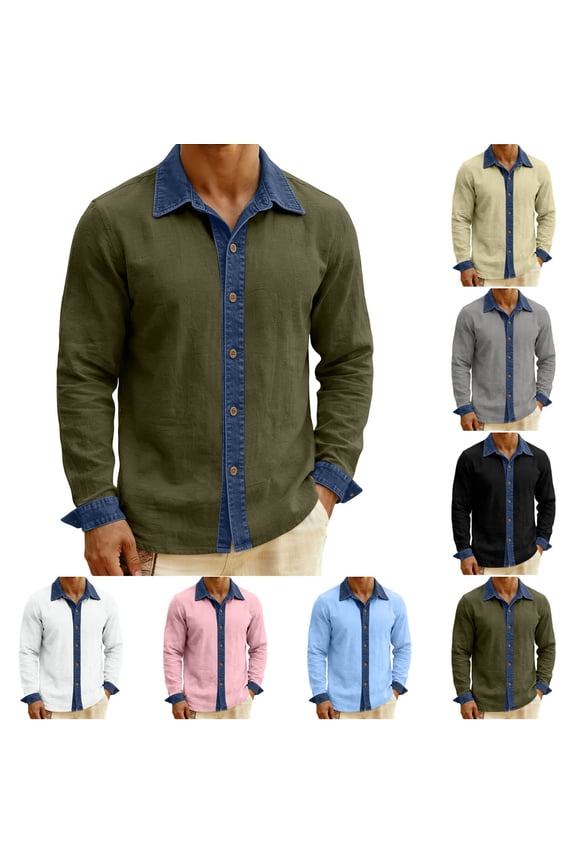 Mens Long Sleeve Button down Shirts Denim Patchwork Big and Tall Blouses Cotton Linen Collared Pullover Tops Casual Work Clothes