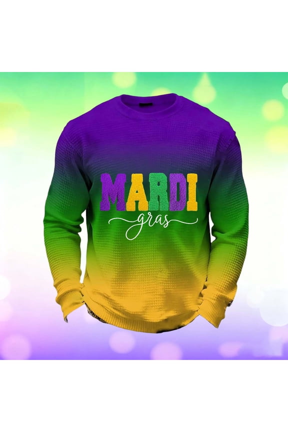 Mens Long Sleeve Tee Shirts Mardi Gras Big and Tall Tops Crewneck Holiday Pullover Purple Green Gold Loose Holiday Blouses