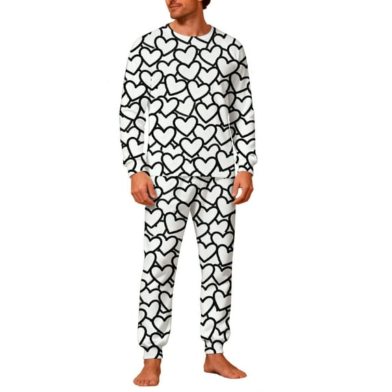 CLOISE Mens Pajama Sets Valentines Pjs Sets Pockets Long Sleeve Tops and Pant Heart Lounge Set 2 Piece Sleepwear White