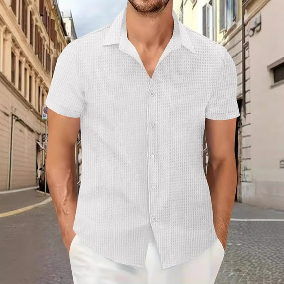 CLOISE Mens Shirts Short Sleeve Big and Tall Tops Button Collared Casual Pullover Solid Color Summer Blouses White