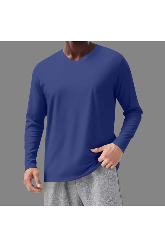 Mens Tops Long Sleeve Big and Tall Shirts Crewneck Casual Pullover Ribbed Knit Solid Color Loose Blouses Blue