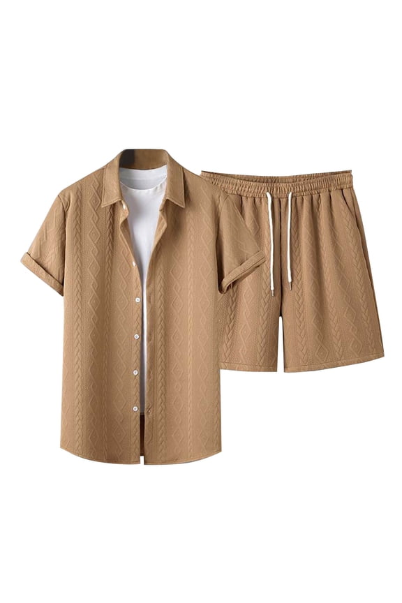 Mens Workout Sets Big and Tall 2 Piece Knit Matching Sets Outfits Short Sleeve Button down Shirts Short Travel Clothes