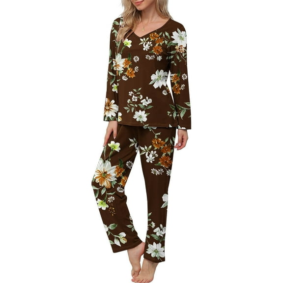 CLOISE Night Clothes for Women Sets 2-Piece Soft Long Sleeve Sleepwear Tees and Casual Lounge Pants Pajama Sets Cozy Flower Graphic Trendy Nightwear