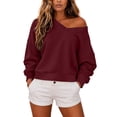 thumbnail image 1 of CLOISE Off the Shoulder Sweatshirt for Women Ribbed Casual Pullover Solid Color Long Sleeve Tops Fall Loose Cropped Clothes Wine XL, 1 of 8