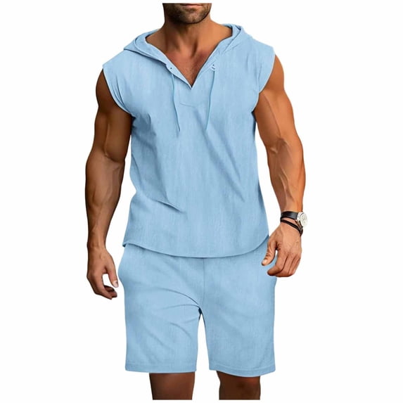 CLOISE Outfit Sets for Men Sleeveless Big and Tall 2 Piece Linen Matching Set Outfits Tank Tops Shorts Vacation Clothes