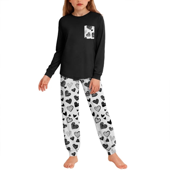 CLOISE Pajama Sets Boys Girls Valentines Pjs Sets Pockets Long Sleeve Tops and Joggers Heart Lounge Set 2 Piece Sleepwear Black