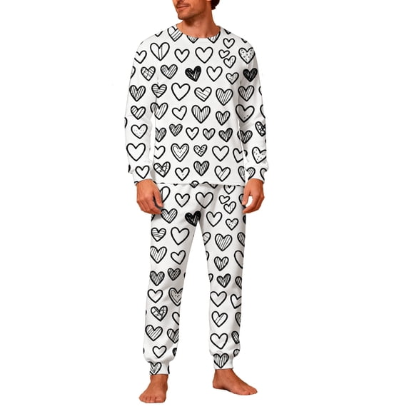 CLOISE Pajama Sets Mens Valentines Pjs Sets Pockets Long Sleeve Tops and Pant Heart Lounge Set 2 Piece Sleepwear White