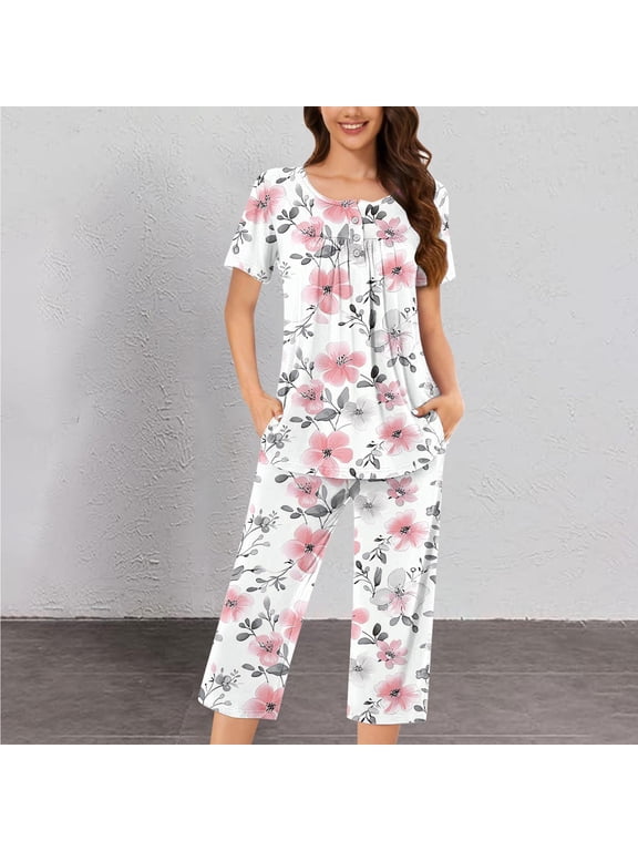 Pajama Sets Women Two Piece Comfort Short Sleeve Sleepwear Tees and Comfortable Capri Pants with Pockets Loungewear Sets Soft Button Pleated Flower Printed Trendy Pjs