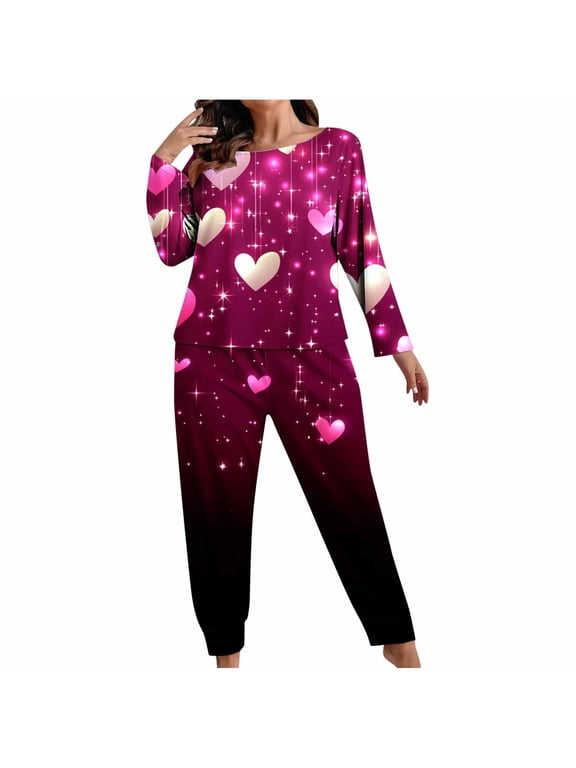 Pajama Sets for Women 2 Piece Plus Size Valentines Pjs Sets Long Sleeve Tops and Pant Heart Lounge Set Loungewear Black