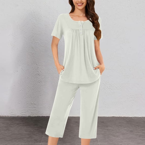 CLOISE Pajamas for Women Set Two-Piece Comfy Short Sleeve Sleepwear Blouses and Comfort Capri Pants with Pockets Night Clothes Set Comfortable Button Pleated Solid Funny Loungewear