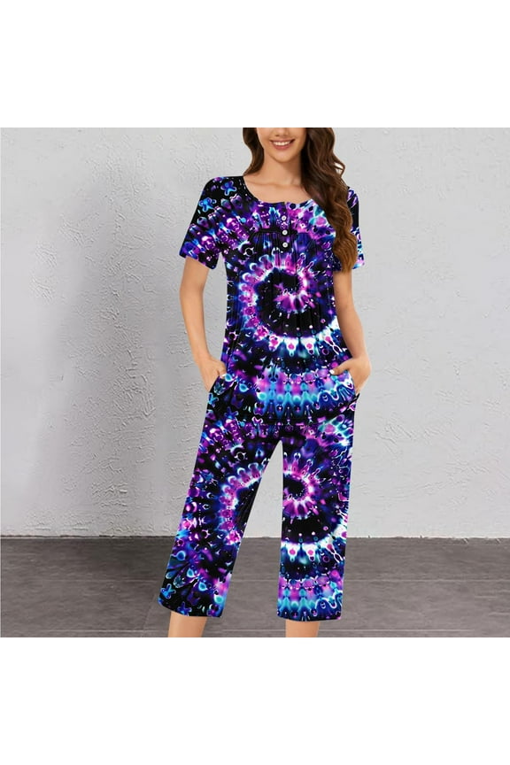 Pajamas for Women Set Two-Piece Comfy Short Sleeve Sleepwear Blouses and Comfort Capri Pants with Pockets Night Clothes Set Comfortable Button Plisse Print Funny Night Clothes