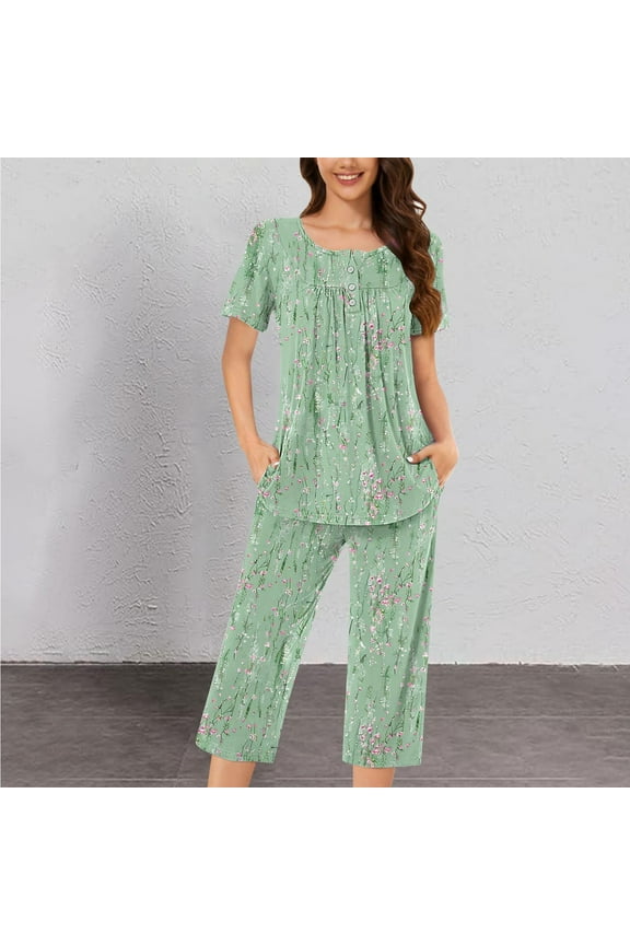 Pajamas for Women Set Two-Piece Comfy Short Sleeve Sleepwear Blouses and Comfort Capri Pants with Pockets Night Clothes Set Comfortable Button Plisse Print Winter Pjs