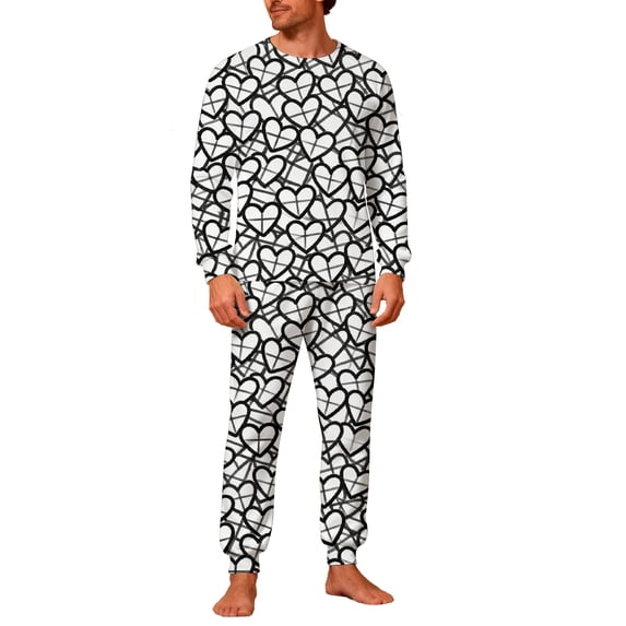 CLOISE Pajamas for Men Valentines Pjs Sets Pockets Long Sleeve Tops and Pant Heart Lounge Set 2 Piece Loungewear White