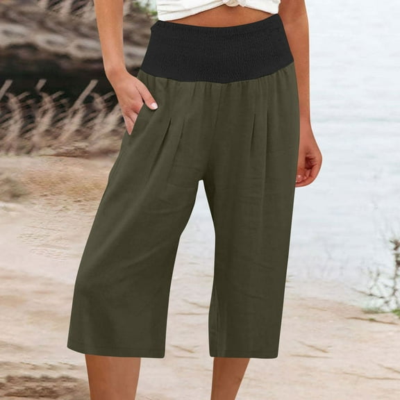 CLOISE Palazzo Jumpsuit For Women High Waisted Cotton Linen Capris With Pockets Stretch Wide Leg Capris Elastic Waist Lightweight Capris Pull On Capri Palazzo Pants Solid Lounge Cropped Pants Green