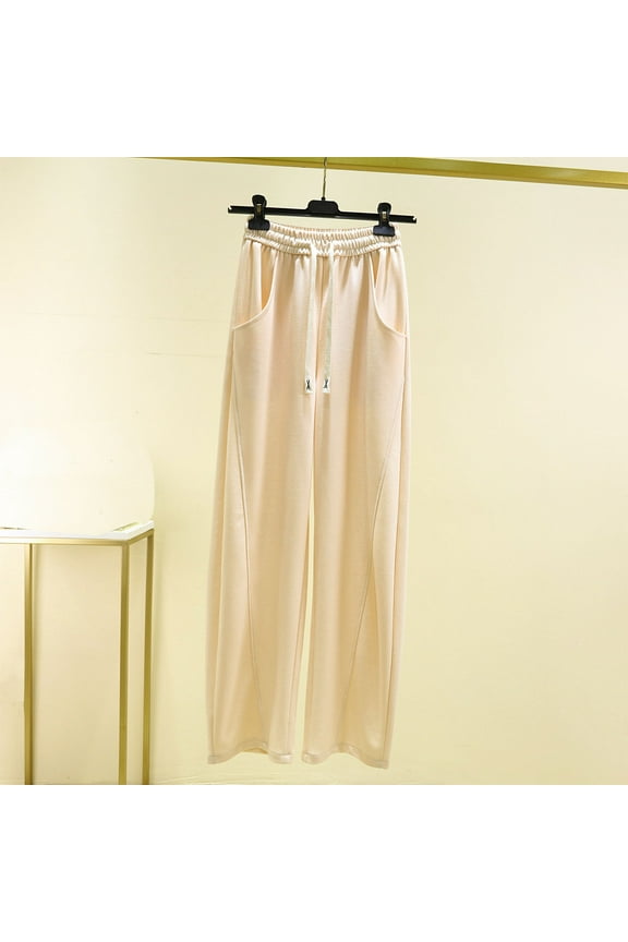 Palazzo Pants for Women Casual Petite Cotton Wide Leg Pants With Pockets Drawstring Elastic Waist Comfy Mid Rise Palazzo Pants Pull On Capri Lounge Pants Loose Fit Trousers Beige