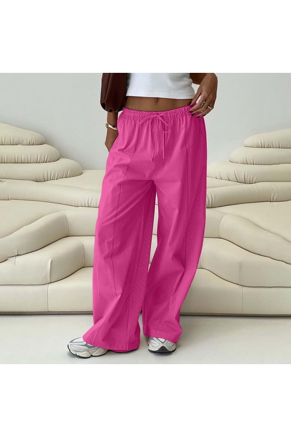 Palazzo Pants for Women Casual Petite Wide Leg Pants With Pockets Mid Rise Drawstring Wide Leg Pants Pull On Elastic Waist Lightweight Comfy Palazzo Pants Solid Straight Leg Trousers Hot Pink