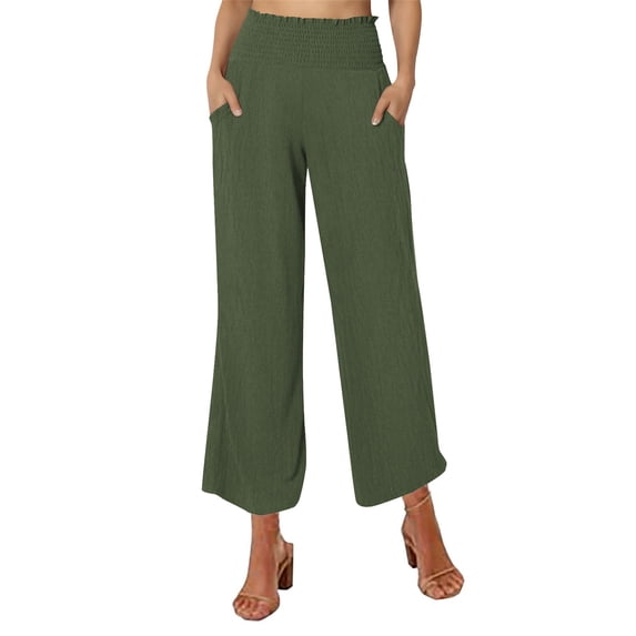 CLOISE Palazzo Pants for Women Plus Size Pockets Plus Size High Waist Cropped Pants Wide Leg Casual Linen Solid Baggy Trousers Elastic Waist Vacation Clothes