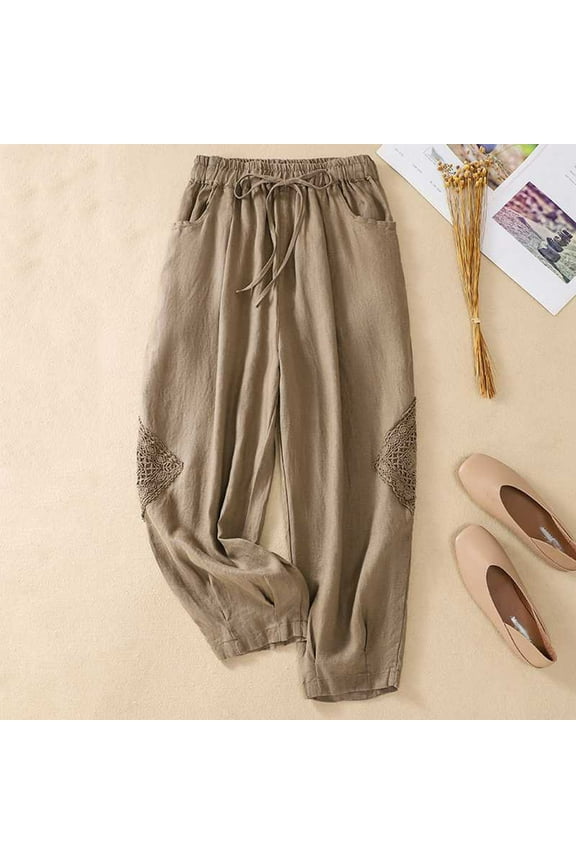 Pants for Women Cotton Linen Pants Petite Drawstring Elastic Waist Lounge Pants Soft Mid Rise Pants Lightweight Pull On Trousers Solid Cotton Linen Pants Summer Khaki