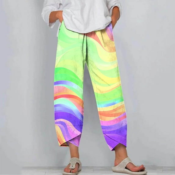 CLOISE Pants for Women High Waisted Casual Pants Stretch Active Pants Elastic Waist Straight Leg Lounge Pants Athletic Pull On Workout Trousers Fashion Loose Cute Print Pants Green