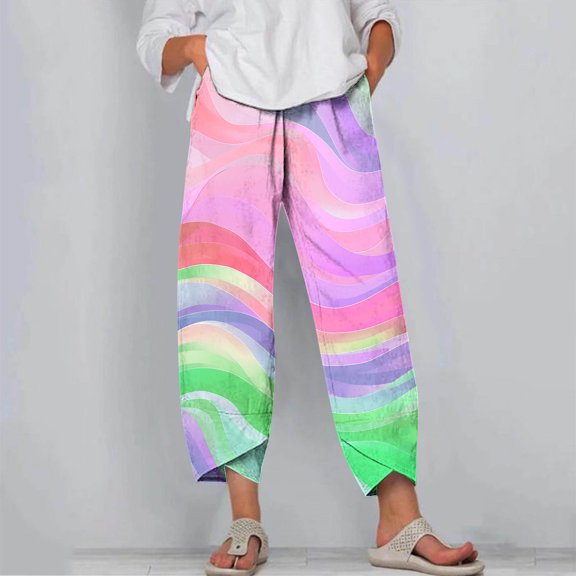 CLOISE Pants for Women High Waisted Casual Pants Stretch Active Pants Elastic Waist Straight Leg Lounge Pants Athletic Pull On Workout Trousers Fashion Loose Cute Print Pants Purple