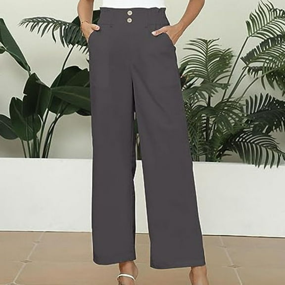CLOISE Pants for Women High Waisted Straight Leg Lounge Pants Pull On Stretch Trousers With Button Soft Elastic Waist Pants Solid Comfy Pants Fashion Dark Gray