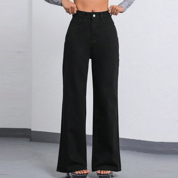 CLOISE Pants for Women Jeans Mid Rise Wide Leg Jeans Baggy Straight Leg Palazzo Jeans Loose Comfy Pull On Jean Pants Solid Trendy Loose Jean Trousers Black