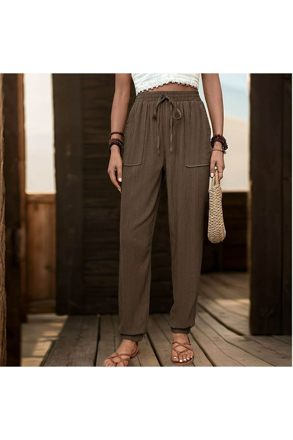 Pants for Women Petite Pull On Pants High Waisted Stretchy Pants Drawstring Elastic Waist Lounge Trousers Lightweight Soft Pants Casual Fashion Trousers Coffee