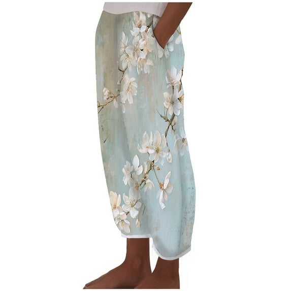 CLOISE Pants for Women With Pockets Petite High Waisted Pants Elastic Waist Straight Leg Trousers Pull On Lounge Trousers Casual Fashion Floral Print Pants Beige