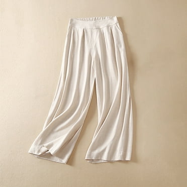 CLOISE Pants for Women With Pockets Pull On Cotton Linen Pants Soft Elastic Waist Pants Lounge Mid Rise Straight Leg Pants Solid Lightweight Trousers Casual Summer Beige
