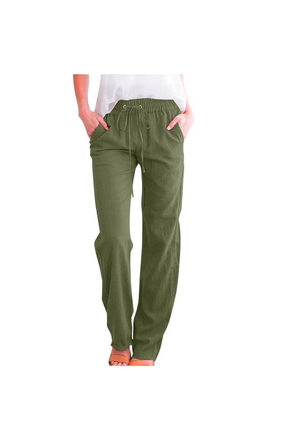 Pants for Women With Pockets Pull On Petite Cotton Linen Pants Drawstring Elastic Waist Pants Lounge Mid Rise Pants Solid Lightweight Trousers Casual Summer Army Green