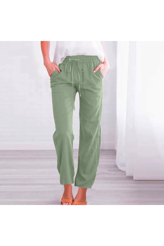 Pants for Women With Pockets Pull On Petite Cotton Linen Pants Drawstring Elastic Waist Pants Lounge Mid Rise Pants Solid Lightweight Trousers Casual Summer Army Green