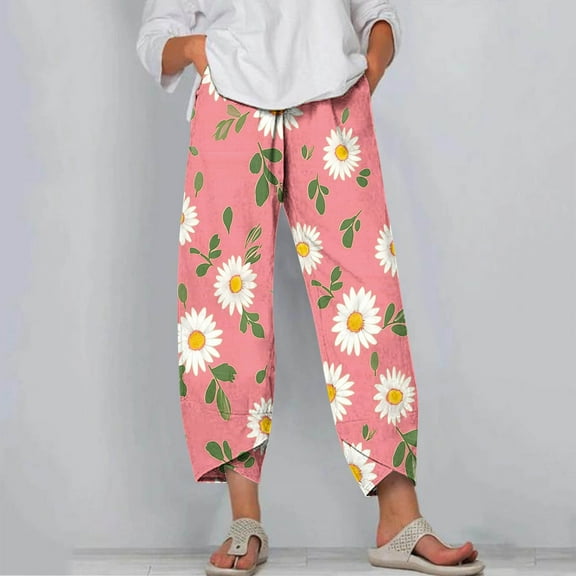 CLOISE Pants for Women Pull On High Waisted Pants Straight Leg Stretch Active Pants Elastic Waist Lounge Casual Loose Running Athletic Pants Floral Print Trousers Fashion Hot Pink