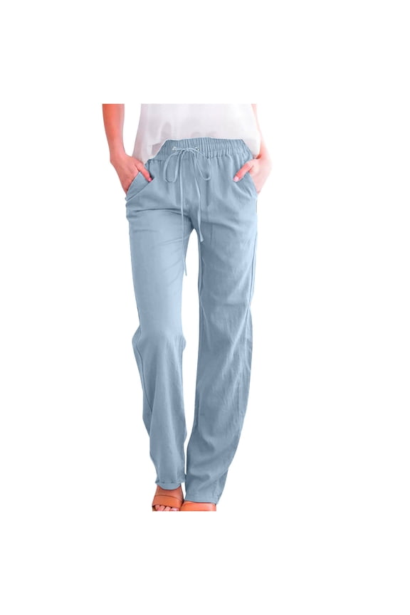 Pants for Women With Pockets Petite Linen Pants Drawstring Elastic Waist Lounge Cropped Pants Solid Lightweight Trousers