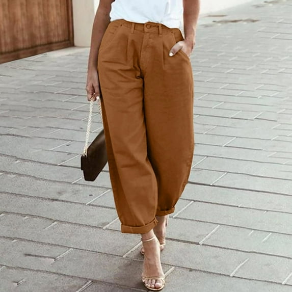 CLOISE Pants for Women with Pockets Wide Leg Pants Palazzo Pants Cotton Summer Casual Fashion Solid Loose Trousers Coffee M