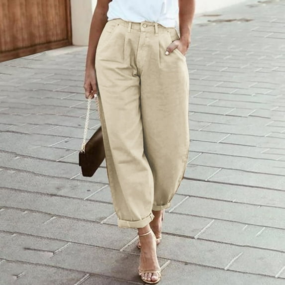 CLOISE Pants for Women with Pockets Wide Leg Pants Palazzo Pants Cotton Summer Casual Fashion Solid Loose Trousers Khaki S