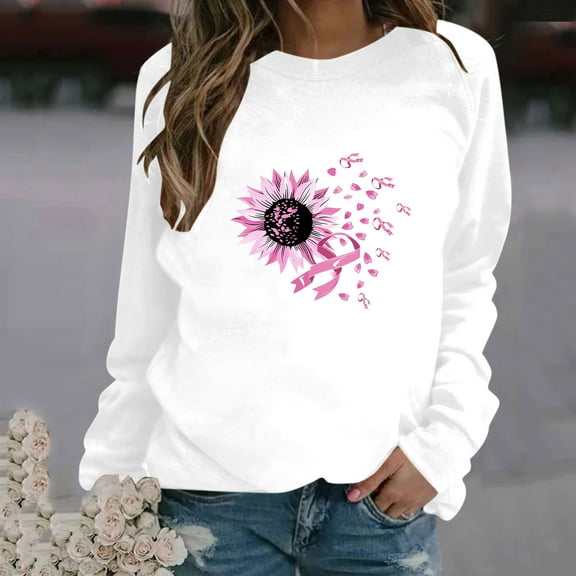 CLOISE Pink Breast Cancer Sweatshirt Women Breast Cancer Support Sweatshirts Sunflower Ribbon Oversized Round Neck Long Sleeve Hoodie Cancer Awareness Shirts Loose Pullover Blouses Outfits White