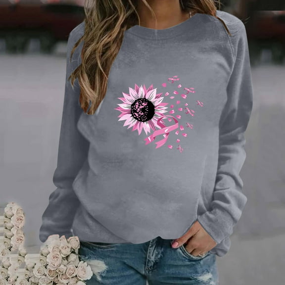 CLOISE Pink Breast Cancer Sweatshirt Women Breast Cancer Support Sweatshirts Sunflower Ribbon Oversized Round Neck Long Sleeve Hoodie Cancer Awareness Shirts Loose Pullover Blouses Outfits Gray