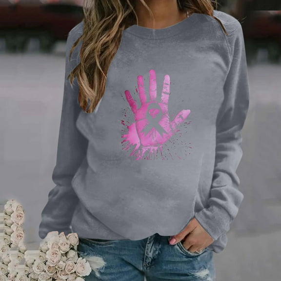 CLOISE Pink Breast Cancer Sweatshirt Women Breast Cancer Support Sweatshirts Hand Ribbon Oversized Crewneck Long Sleeve Hoodie Cancer Awareness Shirts Loose Pullover Blouses Fall Outfits Gray M
