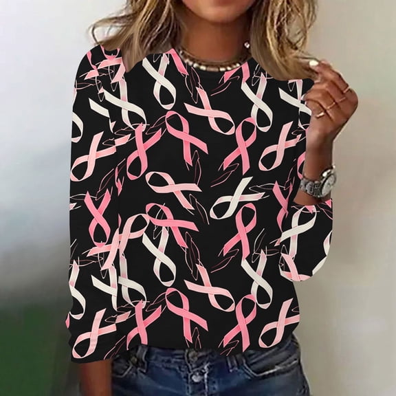CLOISE Pink Breast Cancer Tops Women Long Sleeve Crewneck Tops Ribbon Pink Breast Cancer Awareness Tee Shirts Cute Comfy Shirts Cancer Fight Clothes Black L