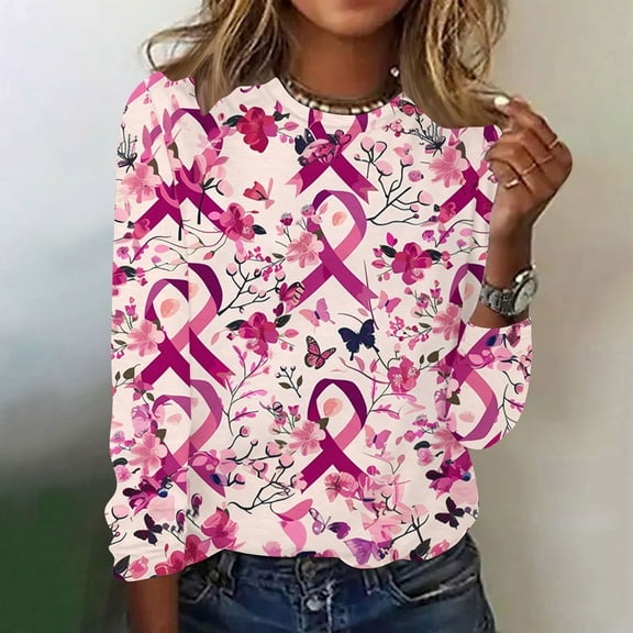 CLOISE Pink Breast Cancer Tops Women Long Sleeve Crewneck Tops Ribbon Pink Breast Cancer Awareness Tee Shirts Cute Loose Shirts Cancer Fight Clothes Hot Pink XL