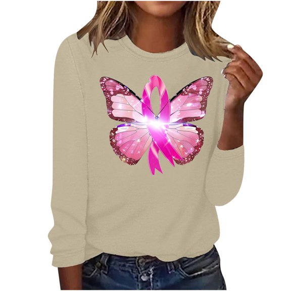 CLOISE Pink Breast Cancer Tops Women Long Sleeve Round Neck Tops Butterfly Ribbon Oversized Breast Cancer Support T Shirts Trendy Comfortable Tee Shirts Cancer Awareness Fall Outfits Beige 2XL