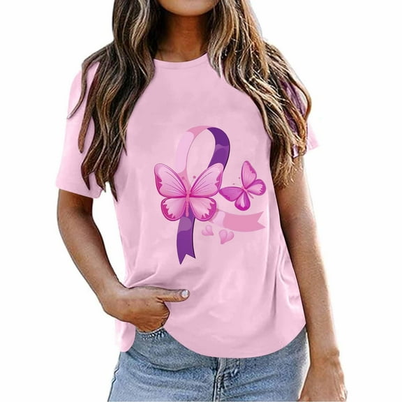 CLOISE Pink Breast Cancer Tops Women Short Sleeve Crewneck Tops Butterfly Ribbon Pink Breast Cancer Awareness Tee Shirts Cute Loose Shirts Cancer Fight Clothes Pink XL