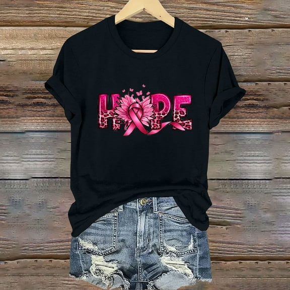 CLOISE Pink Breast Cancer Tops Women Short Sleeve Crewneck Tops Daisy Ribbon Pink Breast Cancer Survivor Gifts Tee Shirts Cute Loose Shirts Cancer Support Clothes Black XL