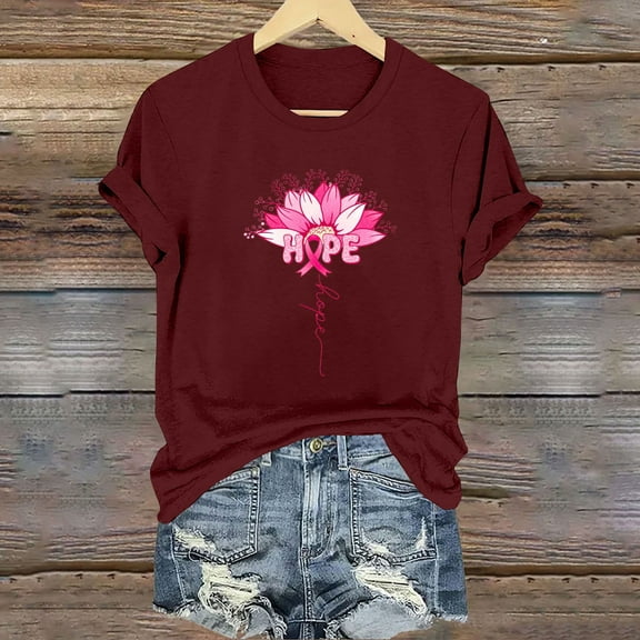 CLOISE Pink Breast Cancer Tops Women Short Sleeve Crewneck Tops Hope Ribbon Pink Breast Cancer Awareness Tee Shirts Cute Casual Shirts Cancer Fight Clothes Wine S