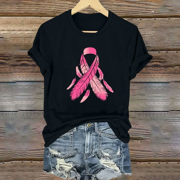 CLOISE Pink Breast Cancer Tops Women Short Sleeve Crewneck Tops Ribbon Pink Breast Cancer Awareness Tee Shirts Cute Comfortable Shirts Cancer Fight Clothes Black M