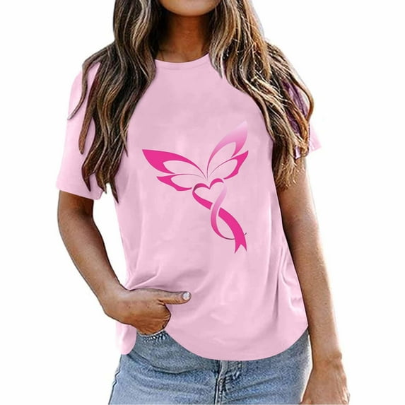 CLOISE Pink Breast Cancer Tops Women Short Sleeve Crewneck Tops Ribbon Pink Breast Cancer Survivor Gifts Tee Shirts Cute Casual Shirts Cancer Support Clothes Pink S
