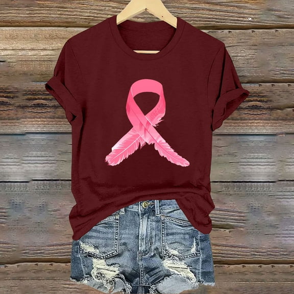 CLOISE Pink Breast Cancer Tops Women Short Sleeve Crewneck Tops Ribbon Pink Breast Cancer Survivor Gifts Tee Shirts Cute Comfort Shirts Cancer Support Clothes Wine 2XL